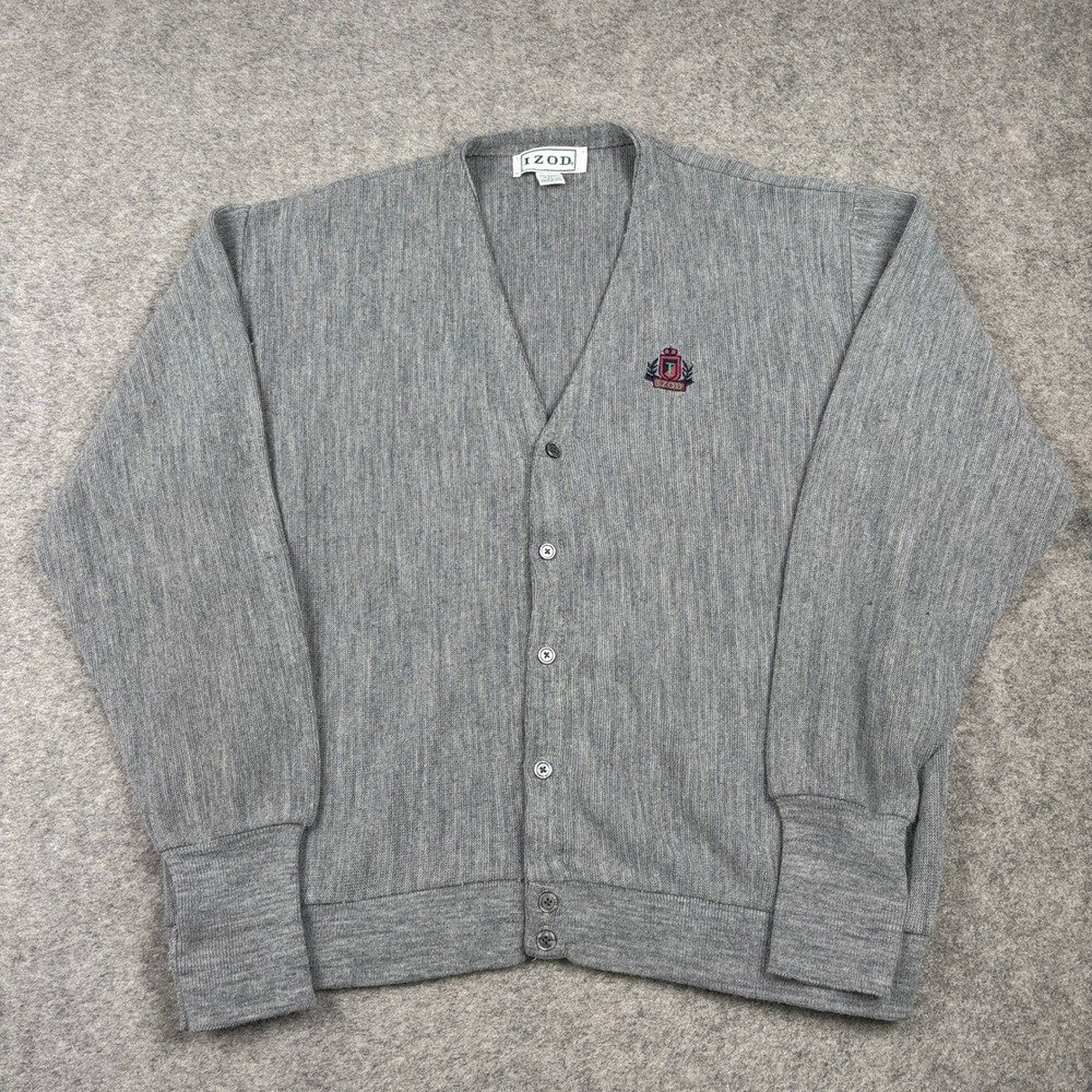 IZOD Cardigan Mens XL Gray Vintage Acrylic Knit Button Crest Old Money 80s 90s
